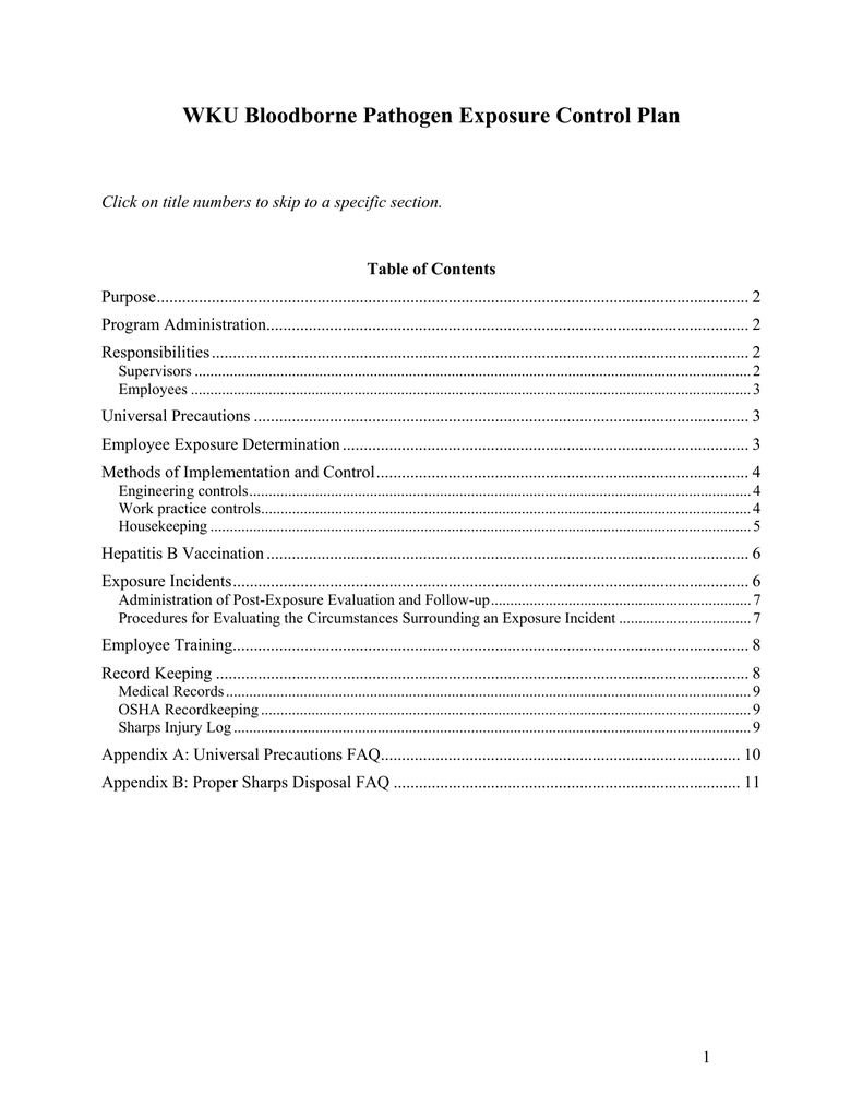 WKU Bloodborne Pathogen Exposure Control Plan