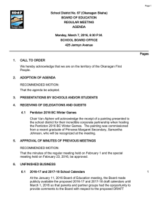 School District No. 67 (Okanagan Skaha) BOARD OF EDUCATION REGULAR MEETING AGENDA