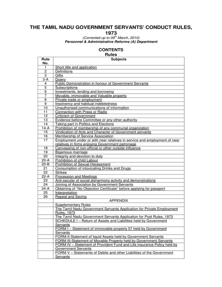 The Tamil Nadu Government Servants Conduct Rules 1973 Contents Rules