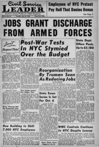 JOBS GRANT DISCHARGE FROM ARMED FORCES Post-War Tests In NYC Stymied