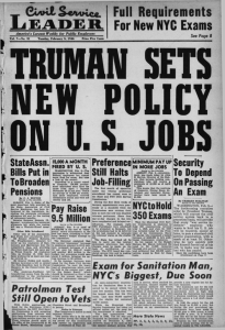 TRUMAN SETS NEW  POLICY ON D. S. JOBS