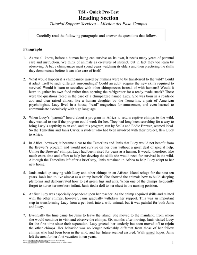 Reading Section TSI Quick Pre Test