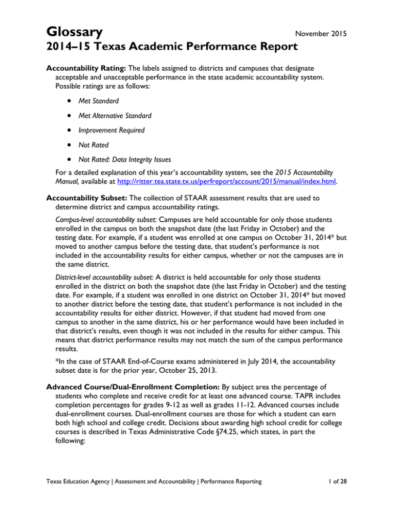Glossary 2014 15 Texas Academic Performance Report