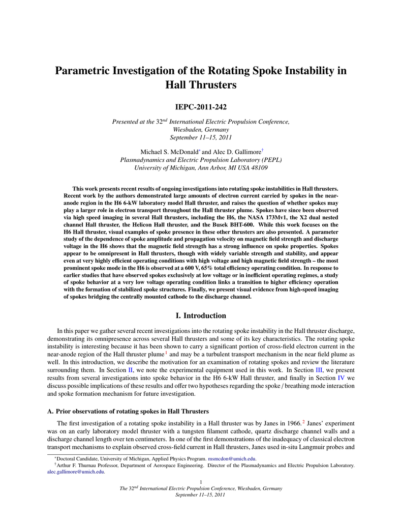 Parametric Investigation Of The Rotating Spoke Instability In Hall Thrusters Iepc 11 242