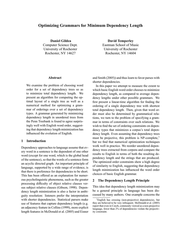 Optimizing Grammars For Minimum Dependency Length