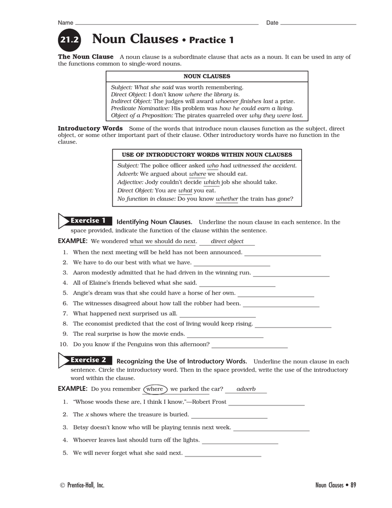 Noun Adjective Adverb Clause Worksheet With Answers