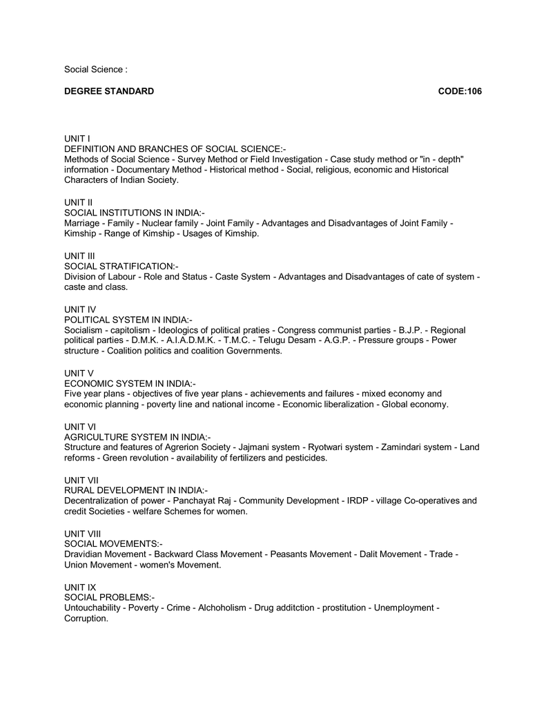 Social Science UNIT I DEFINITION AND BRANCHES OF SOCIAL SCIENCE 