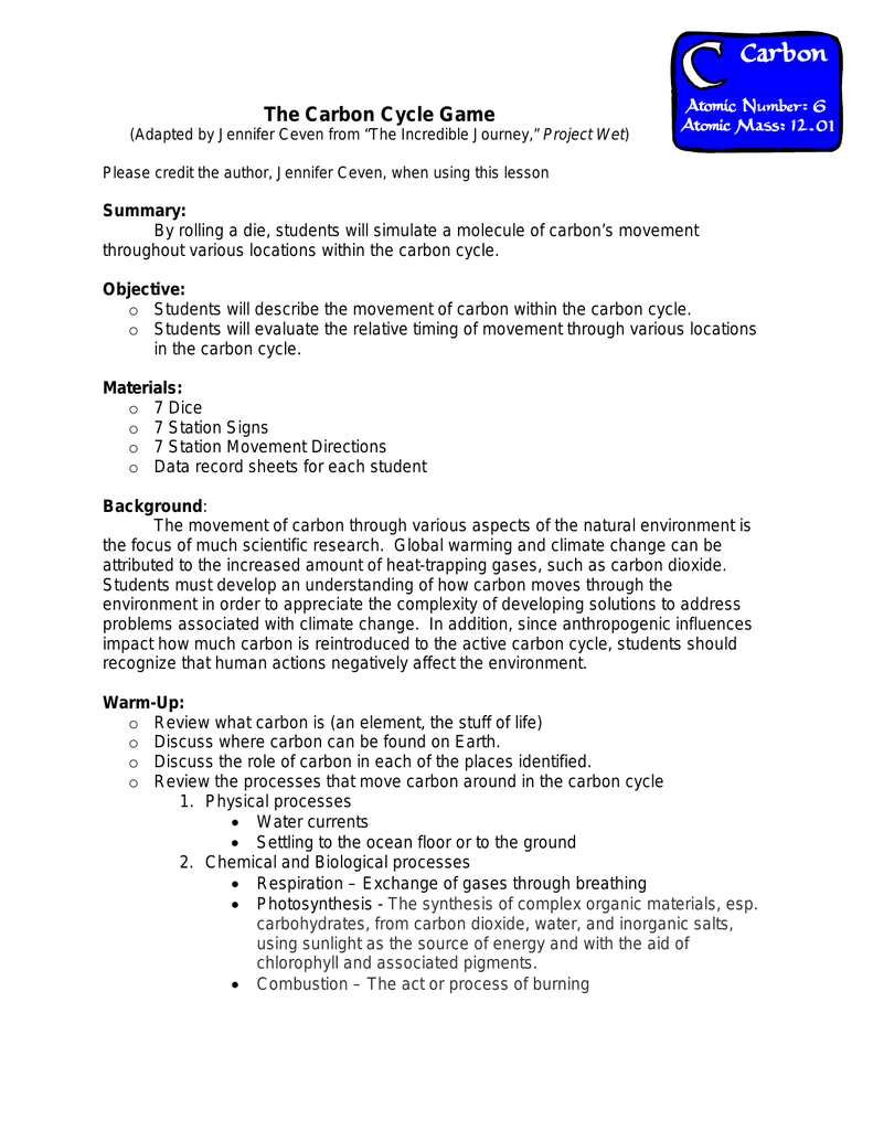 The Carbon Cycle Game Throughout Carbon Cycle Worksheet Answers