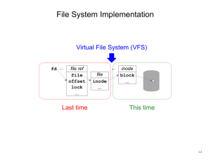 File System Implementation Virtual File System (VFS) Last time This time