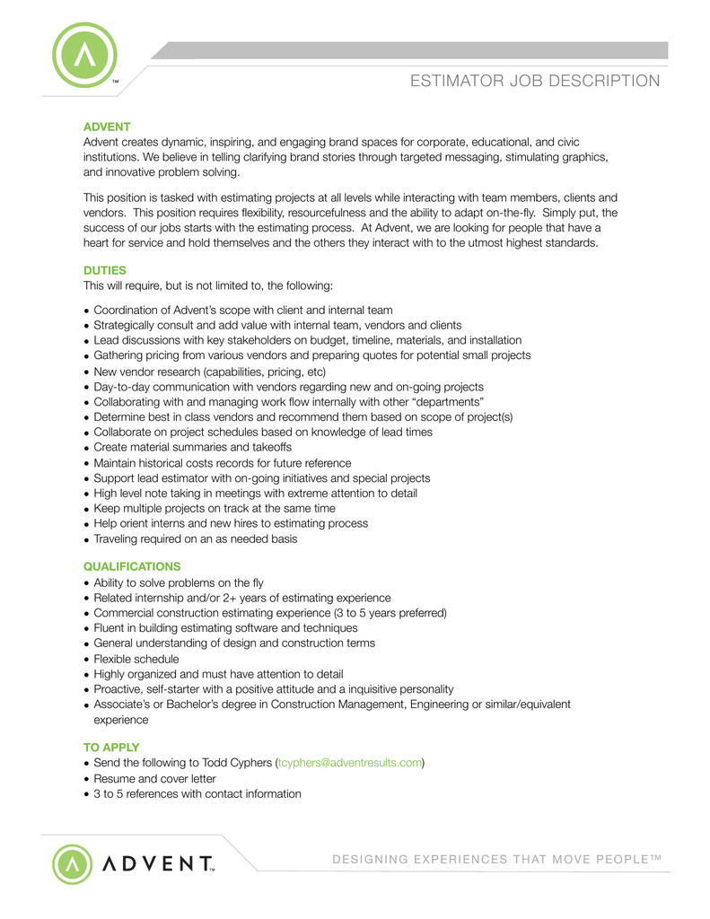 Construction Estimator Project Manager Job Description