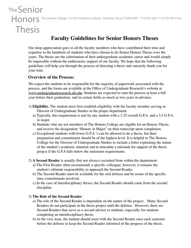 Senior Honors Thesis Faculty Guidelines for Senior Honors Theses