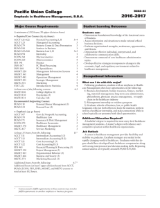 Pacific Union College 2016-2017 Emphasis in Healthcare Management, B.B.A. Student Learning Outcomes