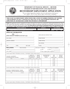 RECEIVERSHIP EMPLOYMENT APPLICATION DEPARTMENT OF FINANCIAL SERVICES — RECEIVER