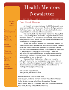 Health Mentors Newsletter Dear Health Mentors,