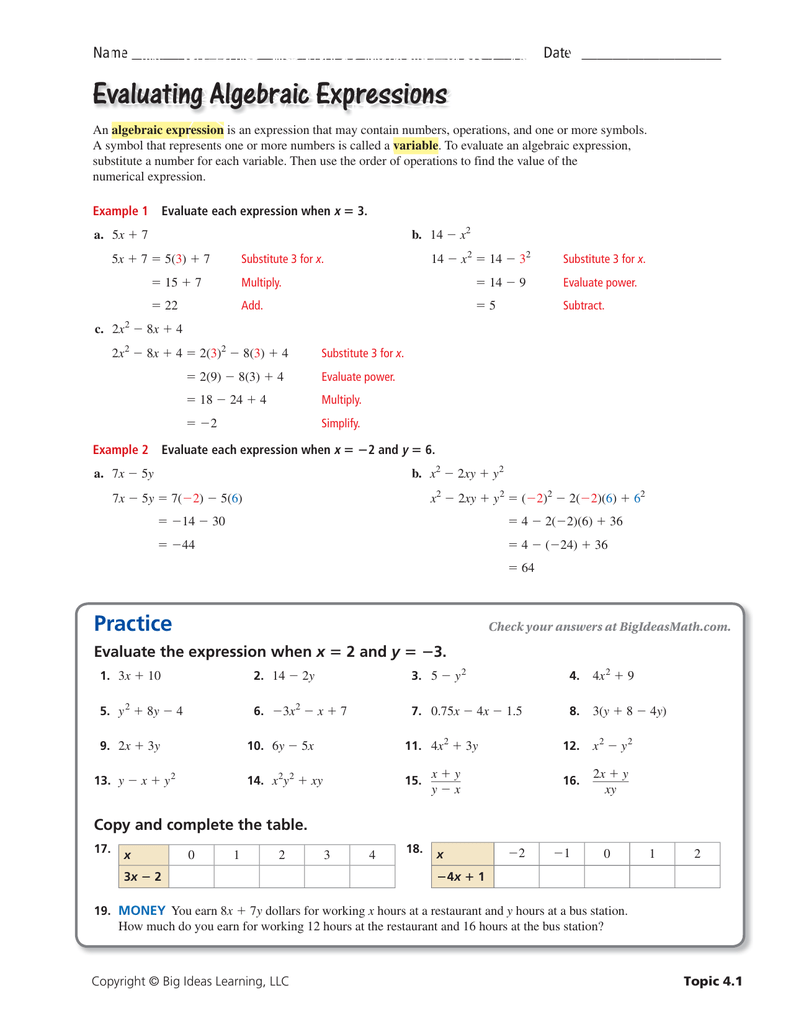 Evaluating Algebraic Expressions Pertaining To Evaluating Algebraic Expressions Worksheet