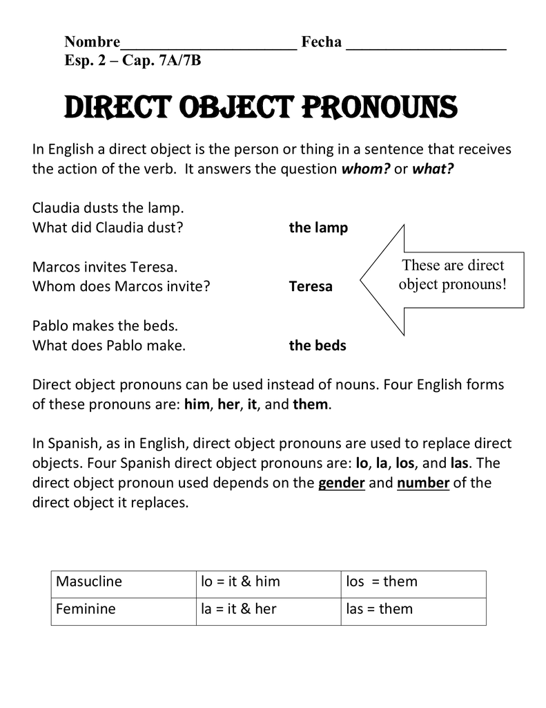 Direct Object Pronoun Worksheet English