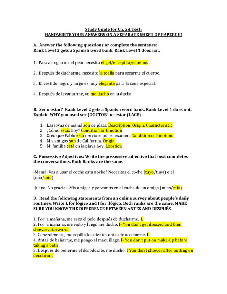 Study Guide For Ch 2A Test Study Guide For Ch 2A Test