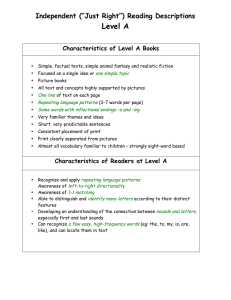 Level A Independent (“Just Right”) Reading Descriptions Characteristics of Level A Books