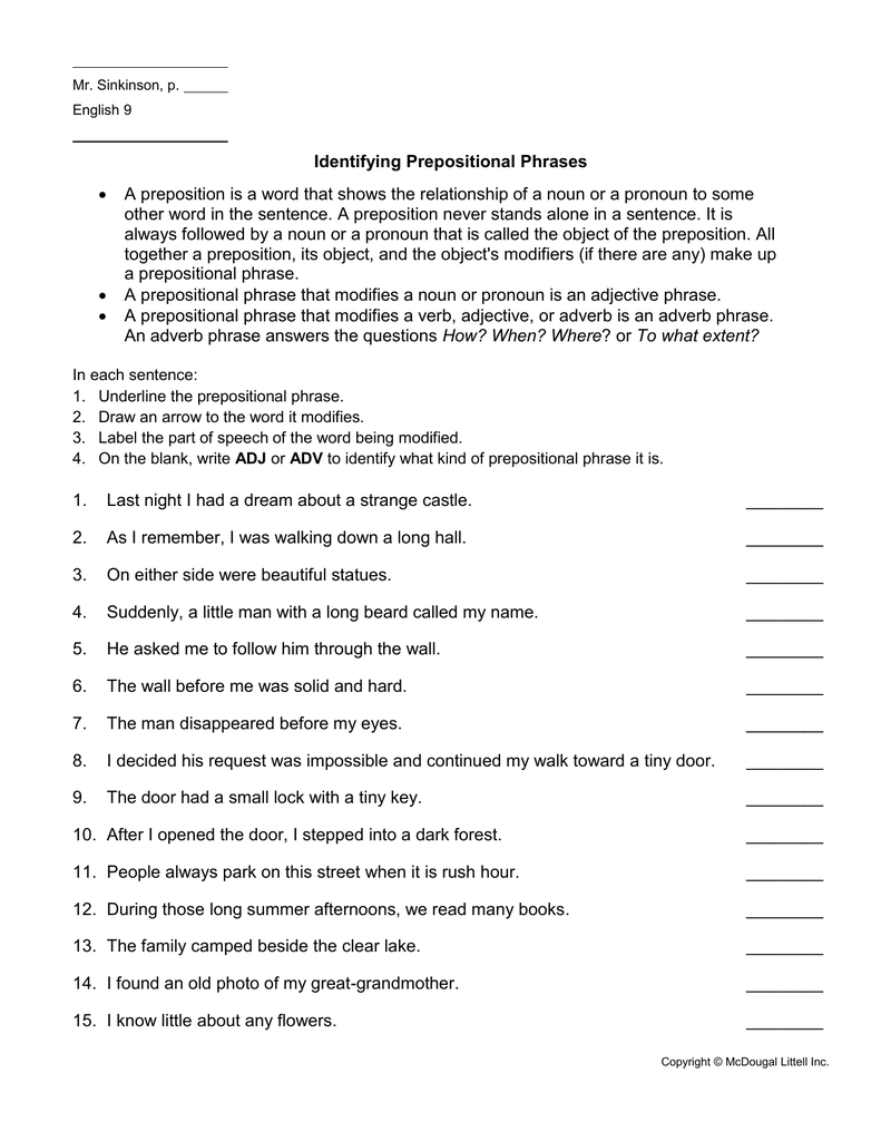 Identifying Prepositional Phrases  With Regard To Prepositional Phrase Worksheet With Answers