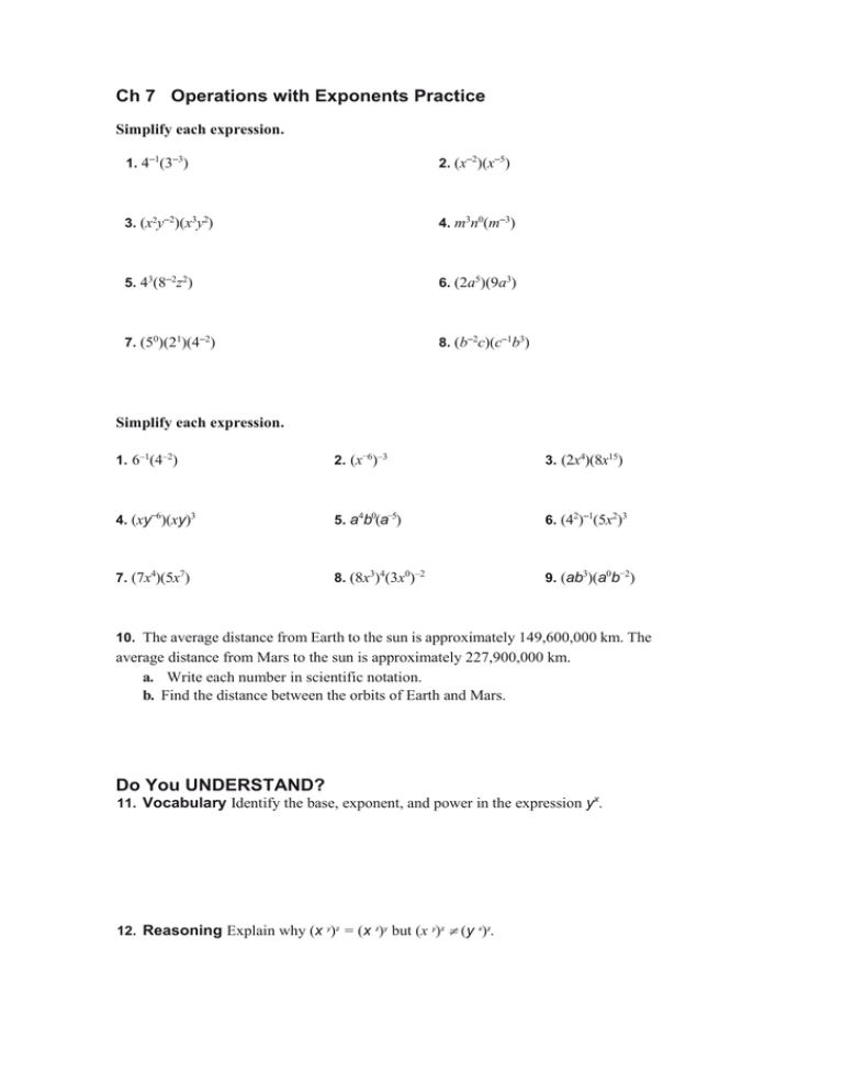 Ch 7 Operations With Exponents Practice Simplify Each Expression 4