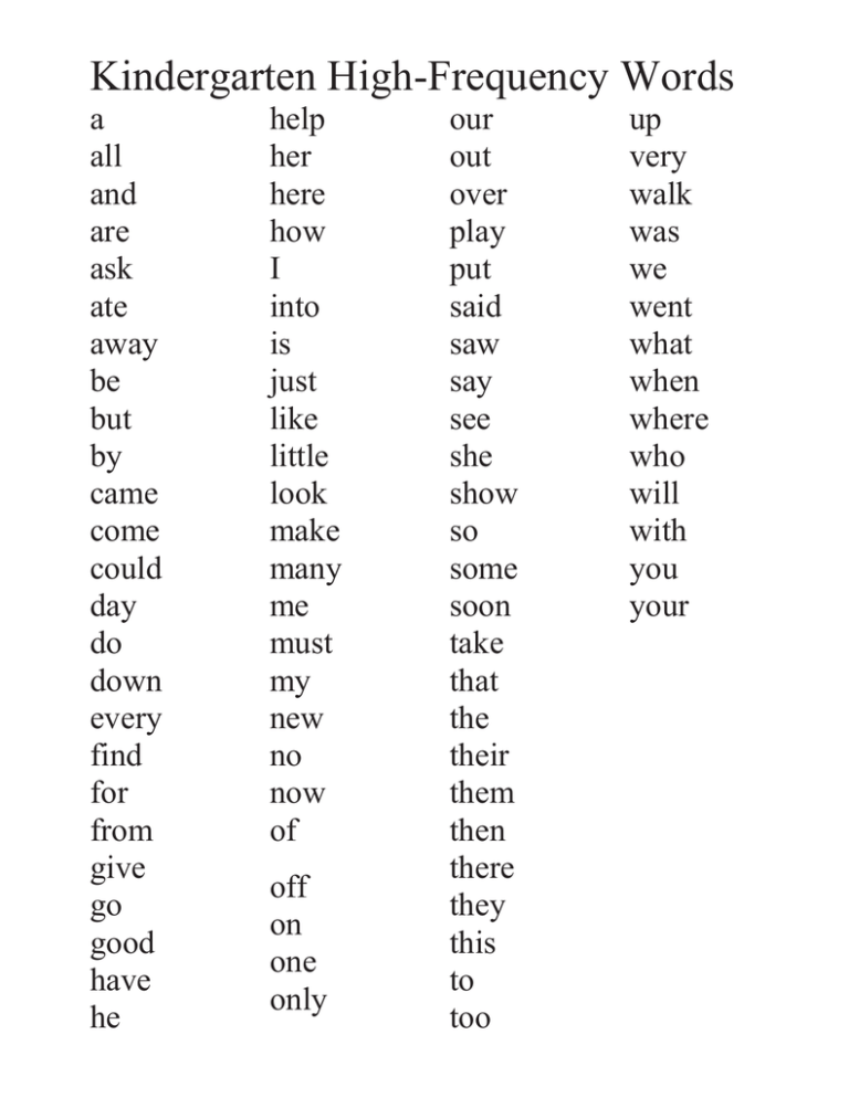 Free Printable Kindergarten High Frequency Word List