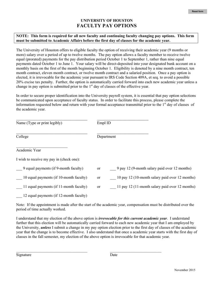 FACULTY PAY OPTIONS