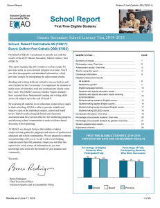 School Report Ontario Secondary School Literacy Test, 2014–2015 First-Time Eligible Students