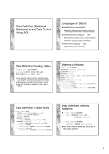 Languages of  DBMS Data Definition, Relational Manipulation and Data Control Using SQL