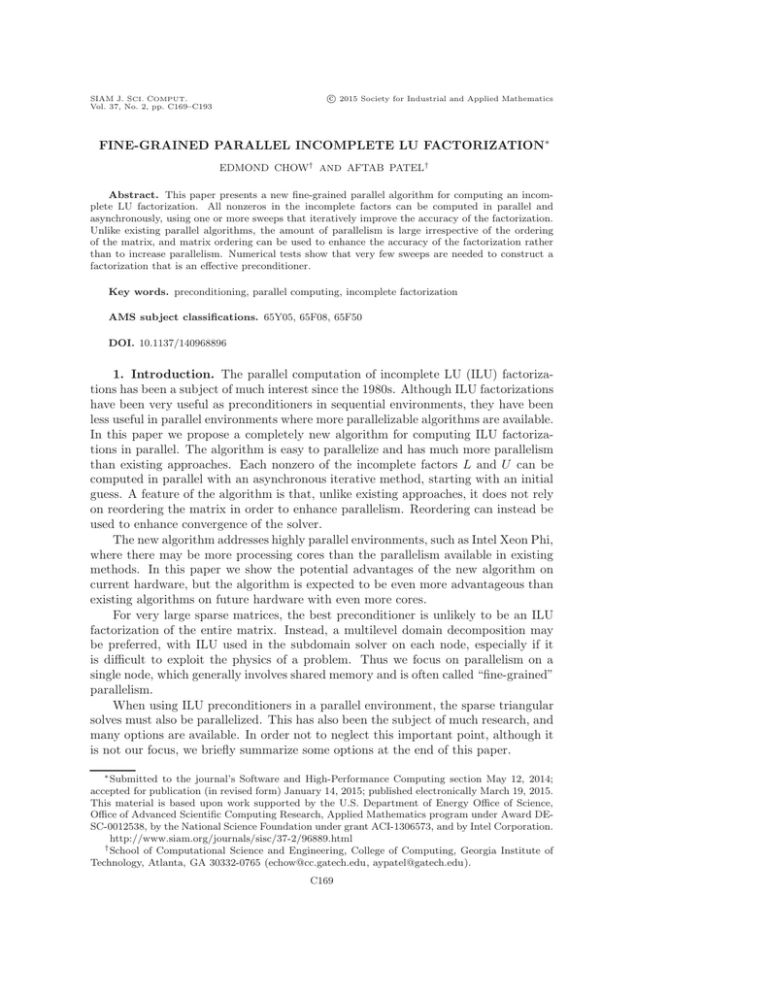 FINE-GRAINED PARALLEL INCOMPLETE LU FACTORIZATION