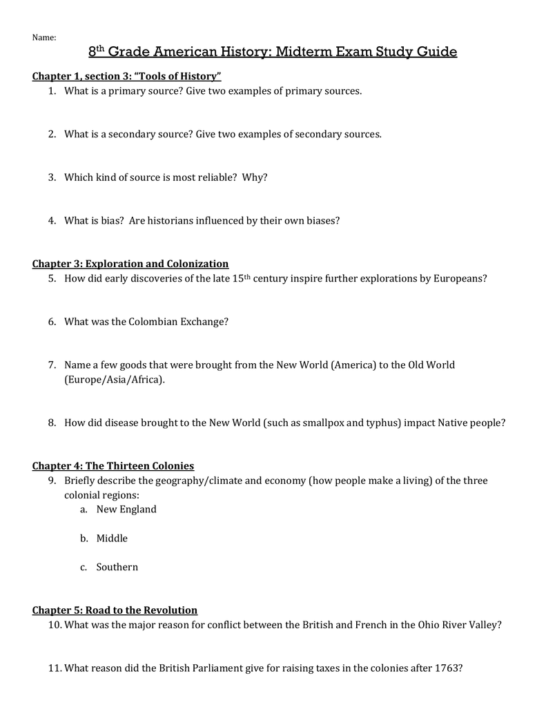 8 Grade American History Midterm Exam Study Guide