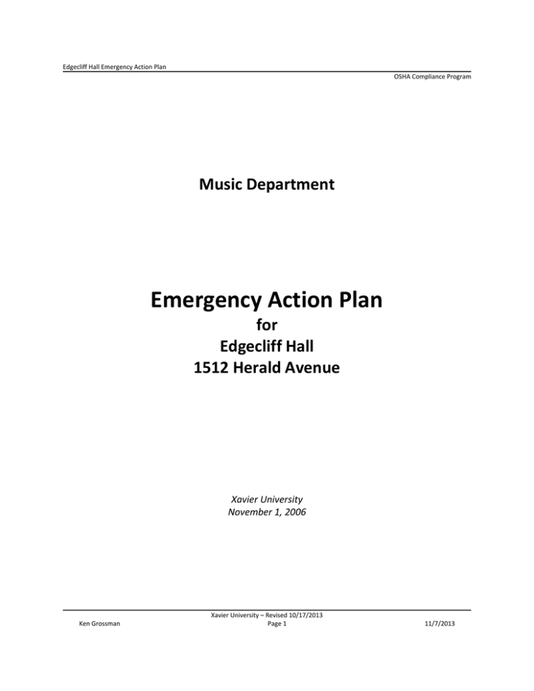 Emergency Action Plan Music Department For Edgecliff Hall