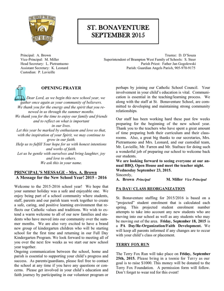 ST. BONAVENTURE SEPTEMBER 2015 OPENING PRAYER