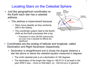 Locating Stars on the Celestial Sphere Just like geographical coordinates on address.