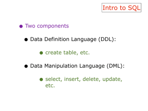 • Intro to SQL Two components Data Definition Language (DDL):