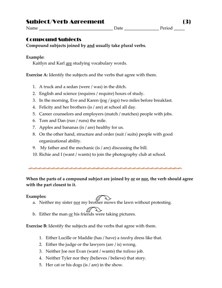 Subject Verb Agreement Compound And Singular Subject Printable Worksheet