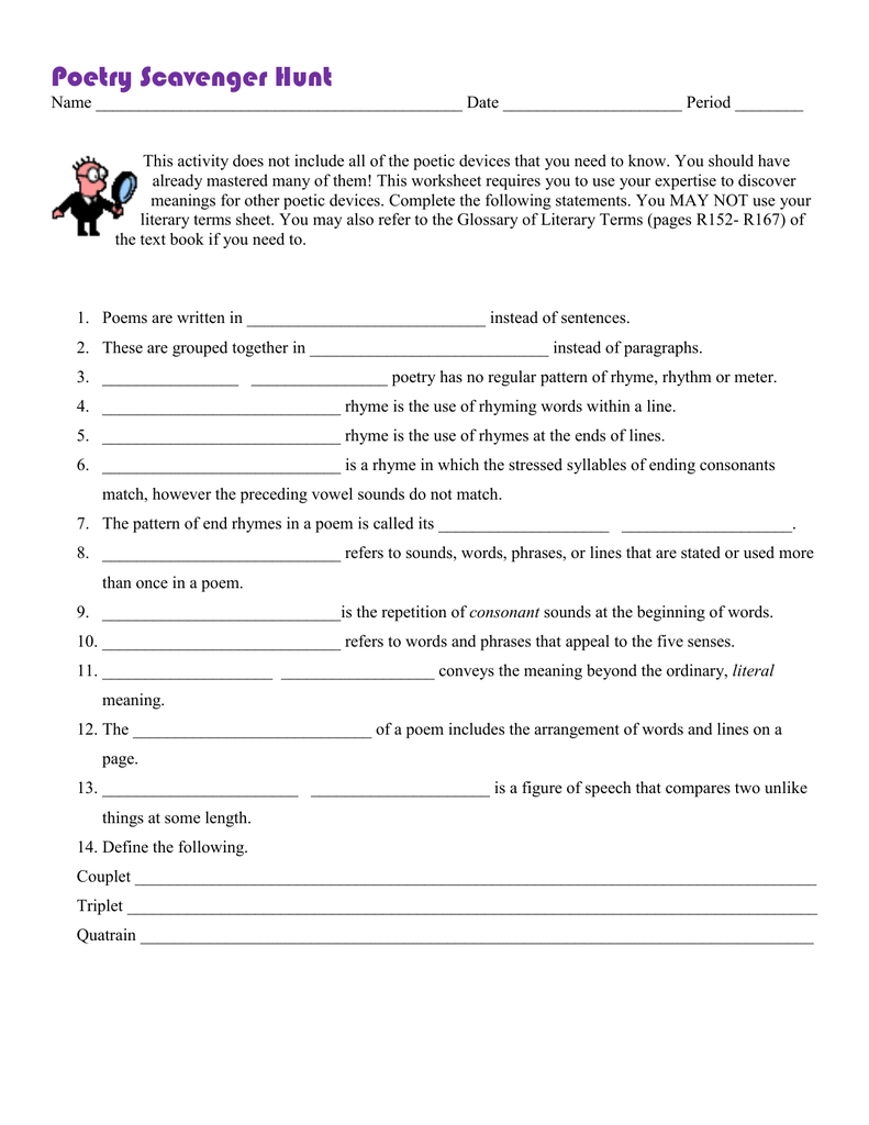 Poetry Scavenger Hunt Within Sound Devices In Poetry Worksheet