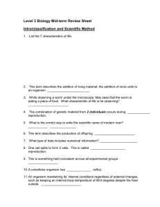 Level 3 Biology Mid-term Review Sheet Intro/classification and Scientific Method