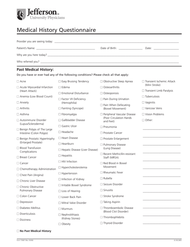 Medical History Questionnaire Past Medical History