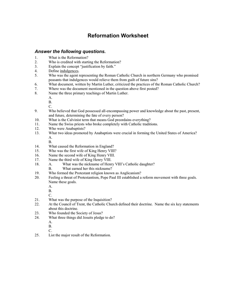 Reformation Worksheet Answer the following questions. With Regard To Protestant Reformation Worksheet Answers