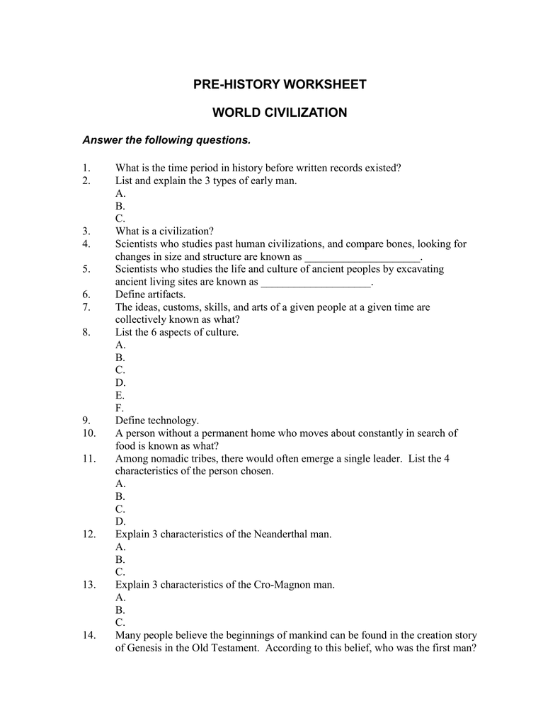 PRE-HISTORY WORKSHEET WORLD CIVILIZATION Regarding River Valley Civilizations Worksheet Answers