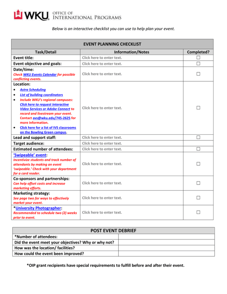 EVENT PLANNING CHECKLIST Task Detail Information Notes EVENT PLANNING CHECKLIST Task Detail Information Notes