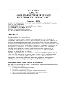 SYLLABUS LAW 380 LEGAL ENVIRONMENT OF BUSINESS PROFESSOR WILLIAM MCCARTY
