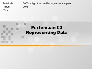 Pertemuan 03 Representing Data Matakuliah : D0524 / Algoritma dan Pemrograman Komputer