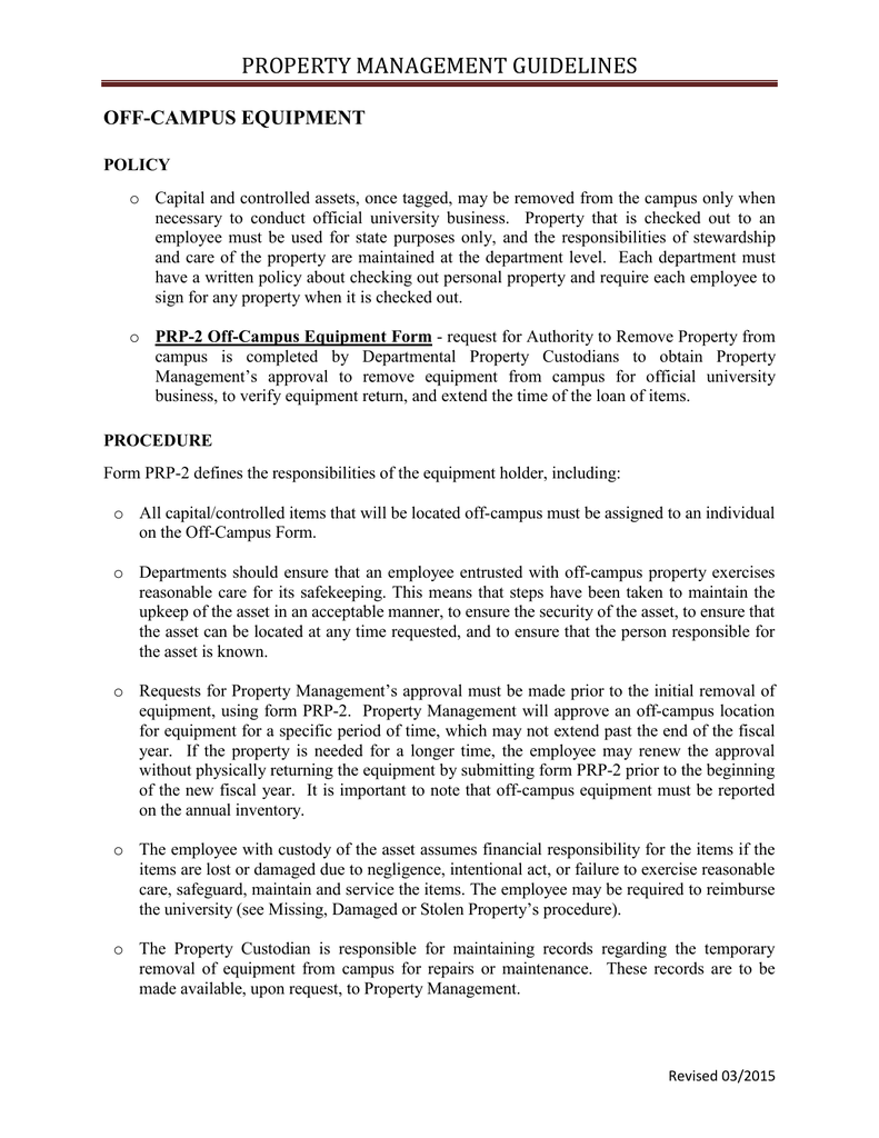 PROPERTY MANAGEMENT GUIDELINES OFF CAMPUS EQUIPMENT