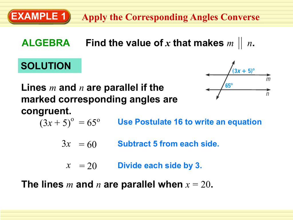 Example 1 Apply The Corresponding Angles Converse Algebra X