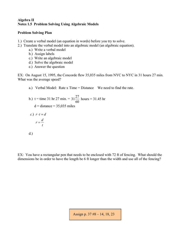 Algebra Ii Notes 1 5 Problem Solving Using Algebraic Models