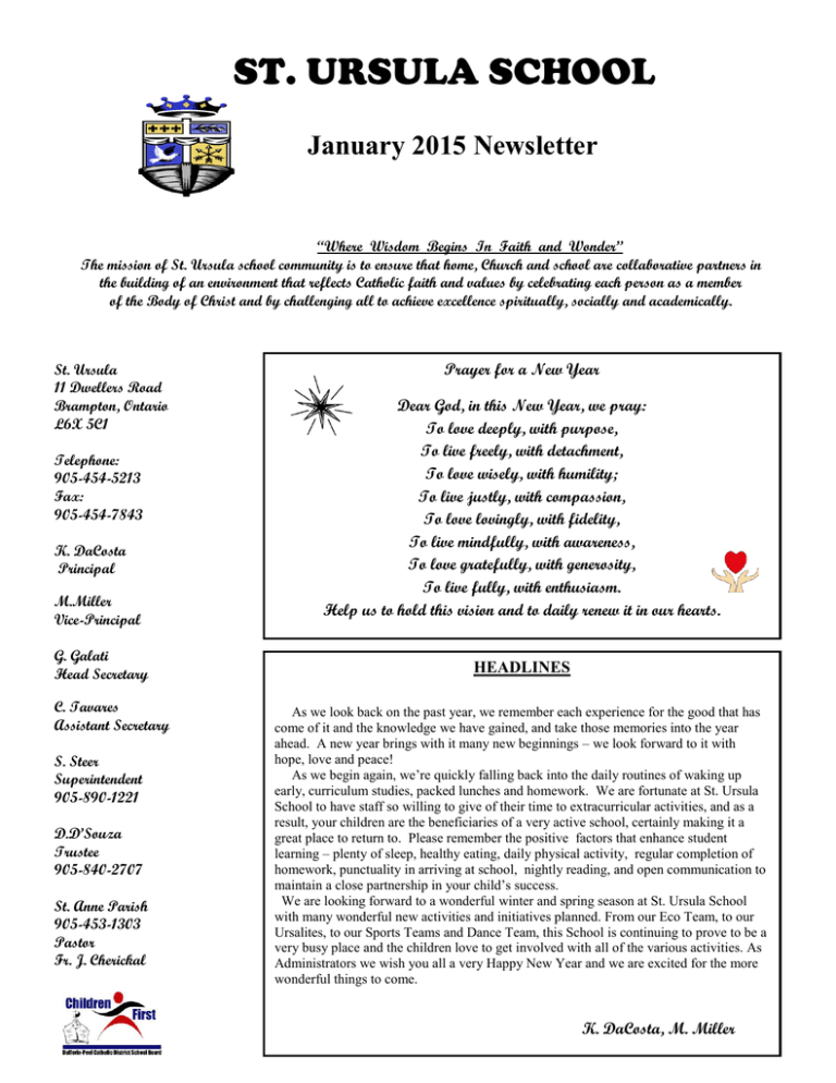 ST URSULA SCHOOL January 2015 Newsletter