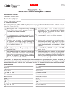 Sales and Use Tax Construction Contract Exemption Certifi cate