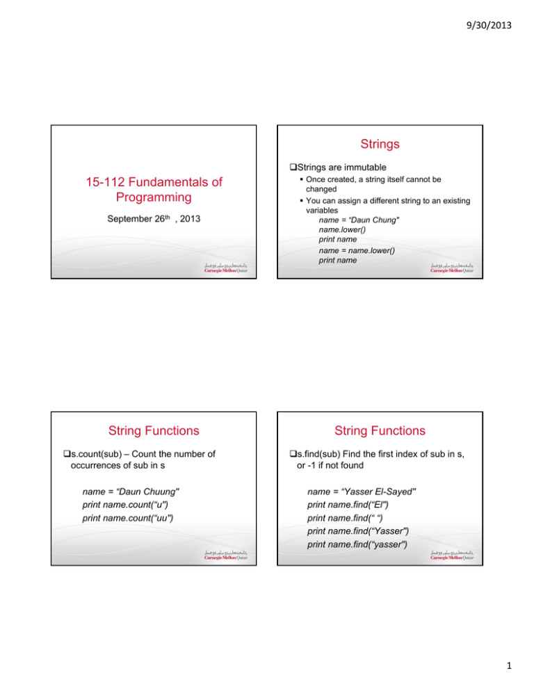 Strings 15 112 Fundamentals Of Programming 9 30 2013