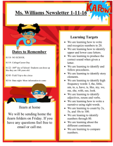Ms. Williams Newsletter 1-11-16 Dates to Remember Learning Targets